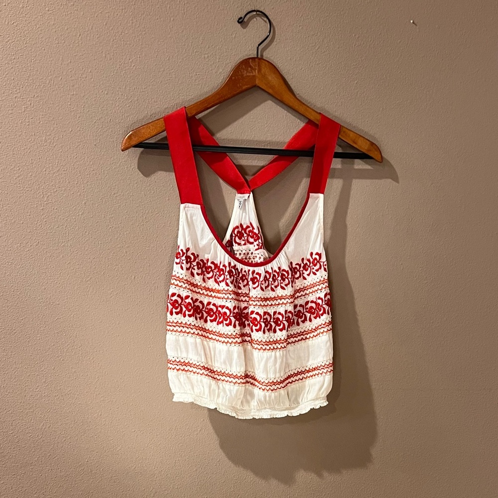 Urban Outfitters, Ecote: Smocked Red Embroidery Peasant Floral Top Sleeveless—M